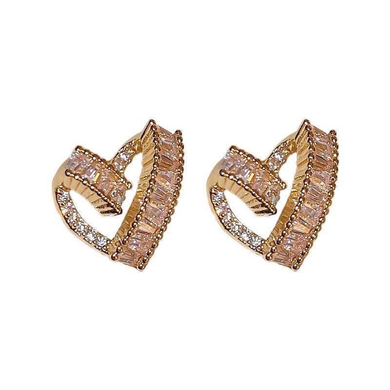 Genuine Gold-Plated Silver Zircon Heart Earrings - Trendy, Versatile, High-End Jewelry for Women