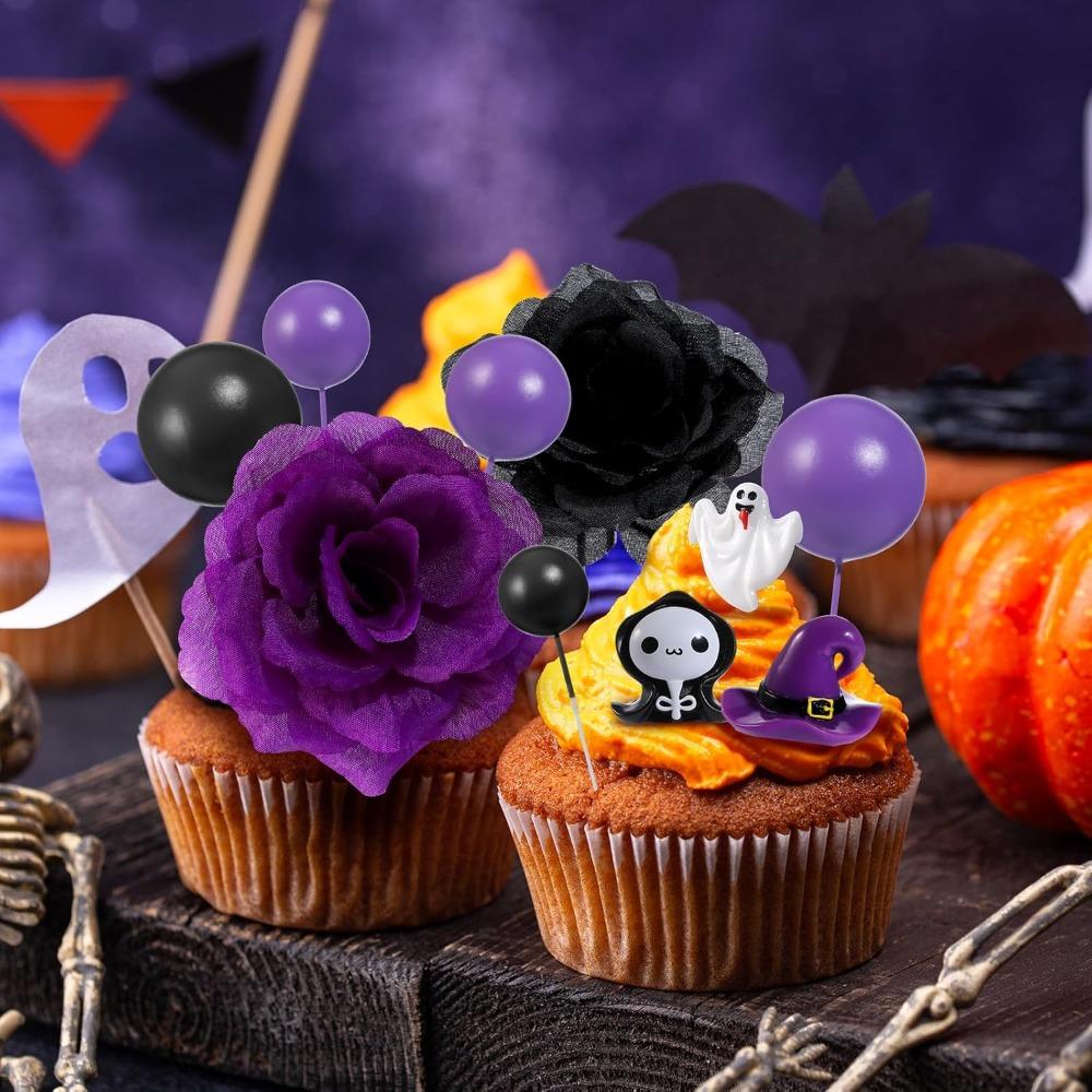 Halloween 44 peças Suprimentos para Decoração de Bolo e Biscoito com Bola Roxa Fantasma Rosa Bruxa, Decoração de Festa de Aniversário Toppers de Cupcake