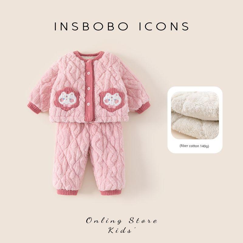 Insbobo Girls  Pajamas 2025 Winter New Set Home Wear Baby Fleece Thickened Children s Autumn and Winter Clothing Pink 80