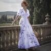 Women's V-Neck Floral Print Dress with Puff Sleeves and Button Detail