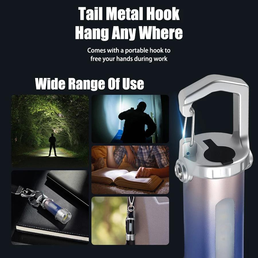 Mini LED COB Flashlight USB Rechargeable Torch with Hook Outdoor Emergency Working Lantern with Red Blue Light Keychain Light