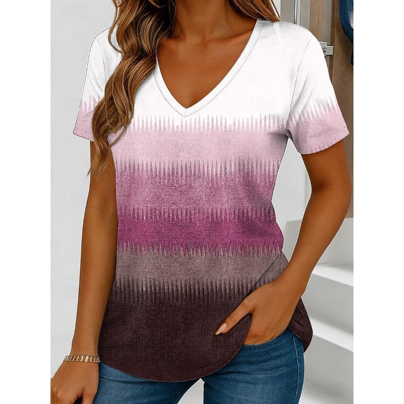 Women's T Shirt Print Ombre Graphic Striped Stylish Classic Casual Short Sleeve V Neck Crop Tops Daily