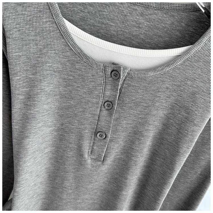 Fake Two-Piece Long Sleeve T-Shirt Loose Slim Base Top For Early Autumn Stretchy Slim Base Layer Soft Ribbed Fabric Good For Inner And Outer Wear Top