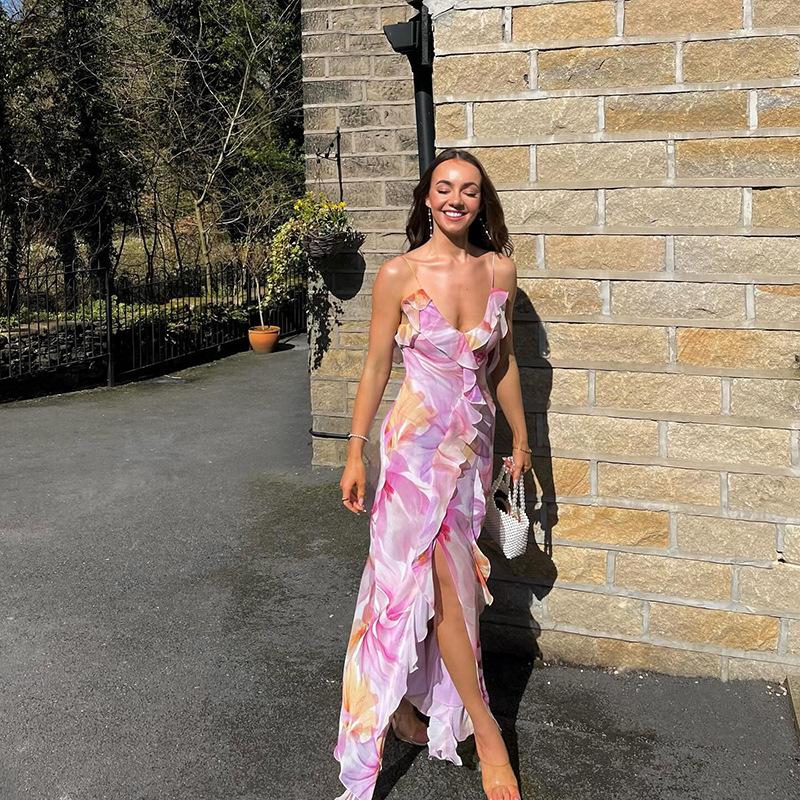 

Printed Dress Strapless V-neck Split Irregular Tassel Patchwork Halter Bandage L фіолетовий