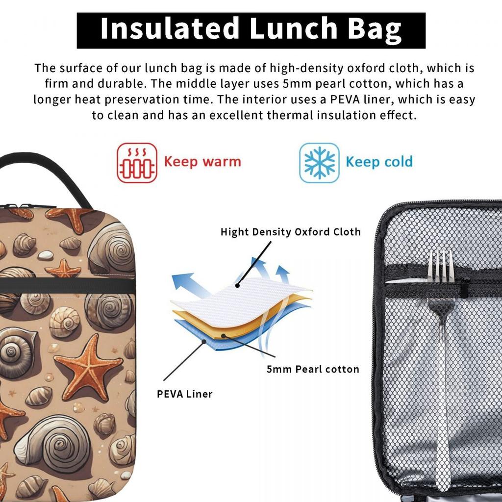 Strandmuschel und Seestern Muster Isolierte Lunchtasche für Damen Kinder Tragbare Lebensmittelboxen Thermische Lunchbox Tragetasche