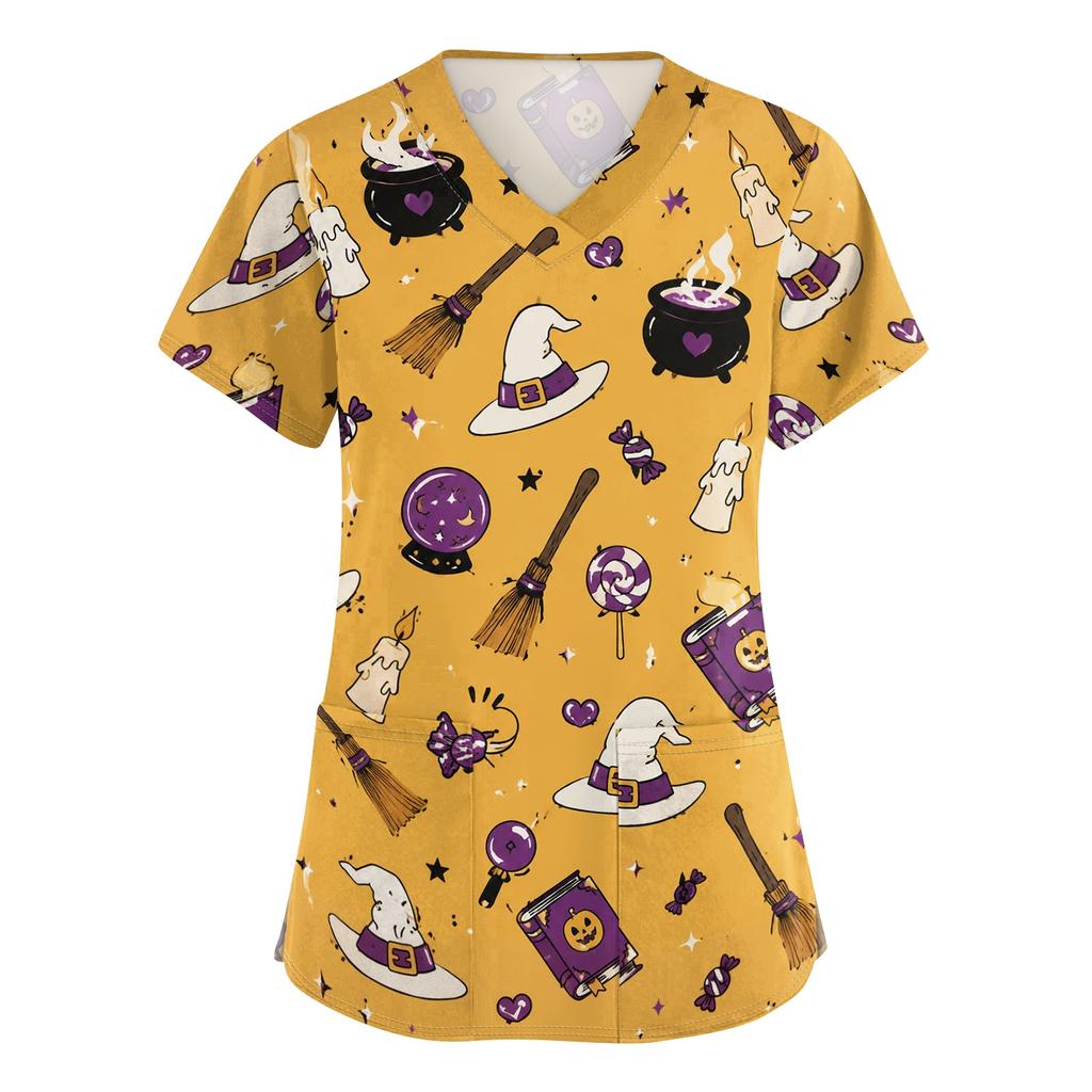 Women's V-Neck Short Sleeve Scrub Top with Pockets, Halloween Print Work Shirt for Clinic and Daily Wear