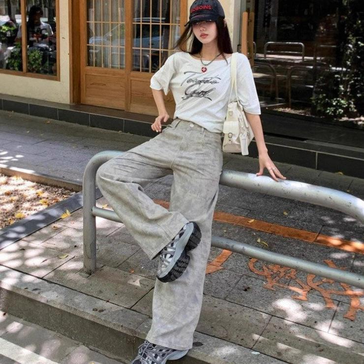 Tie-dyed Straight Jeans Women Autumn High-waisted Big Yards Hundred Yards with Thin Loose Wide Leg Trousers Jeans for Women Long Denim Pants