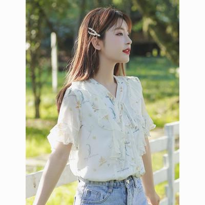Blusa floreale in chiffon con scollo a V e elegante bordo arricciato per donna in estate