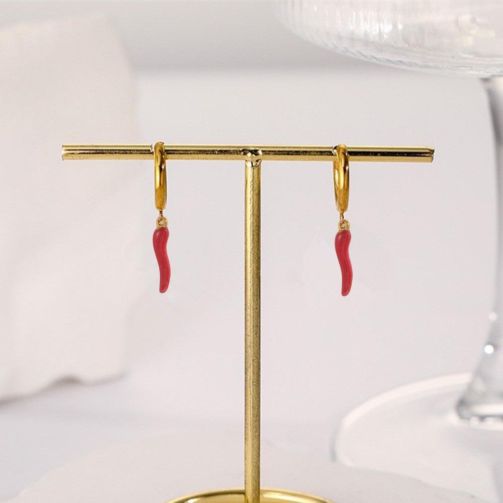 Dark Red Chili Stainless Steel Stud Earrings – Luxury & Non-Fading Cross-Border Jewelry for Women
