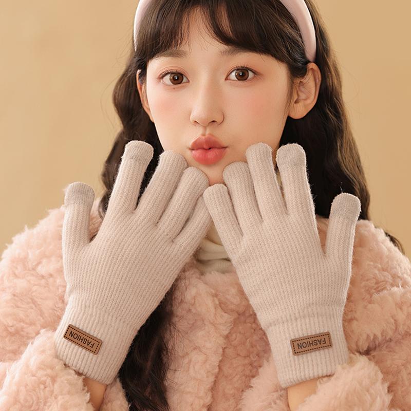 Winter Knitted Wool Gloves For Couples Maillard Thickened Warm Cold-Proof Students Outdoor Cycling Touch Screen