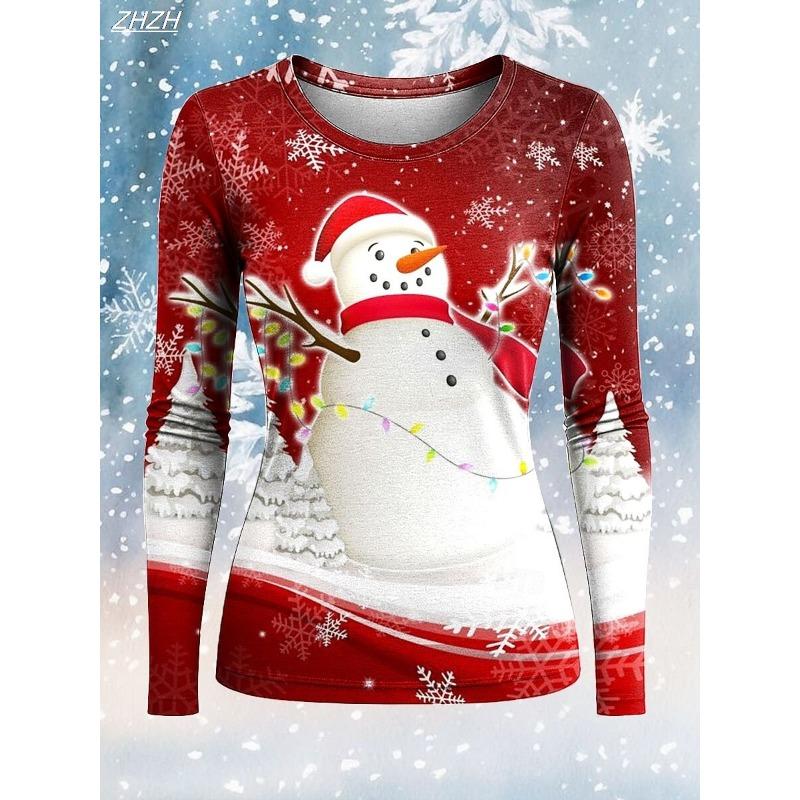 Women's Fashion Snowman Print Long Sleeve, Christmas Holiday Graphic Top, Crew Neck Casual Style, Spring Fall Winter Wear