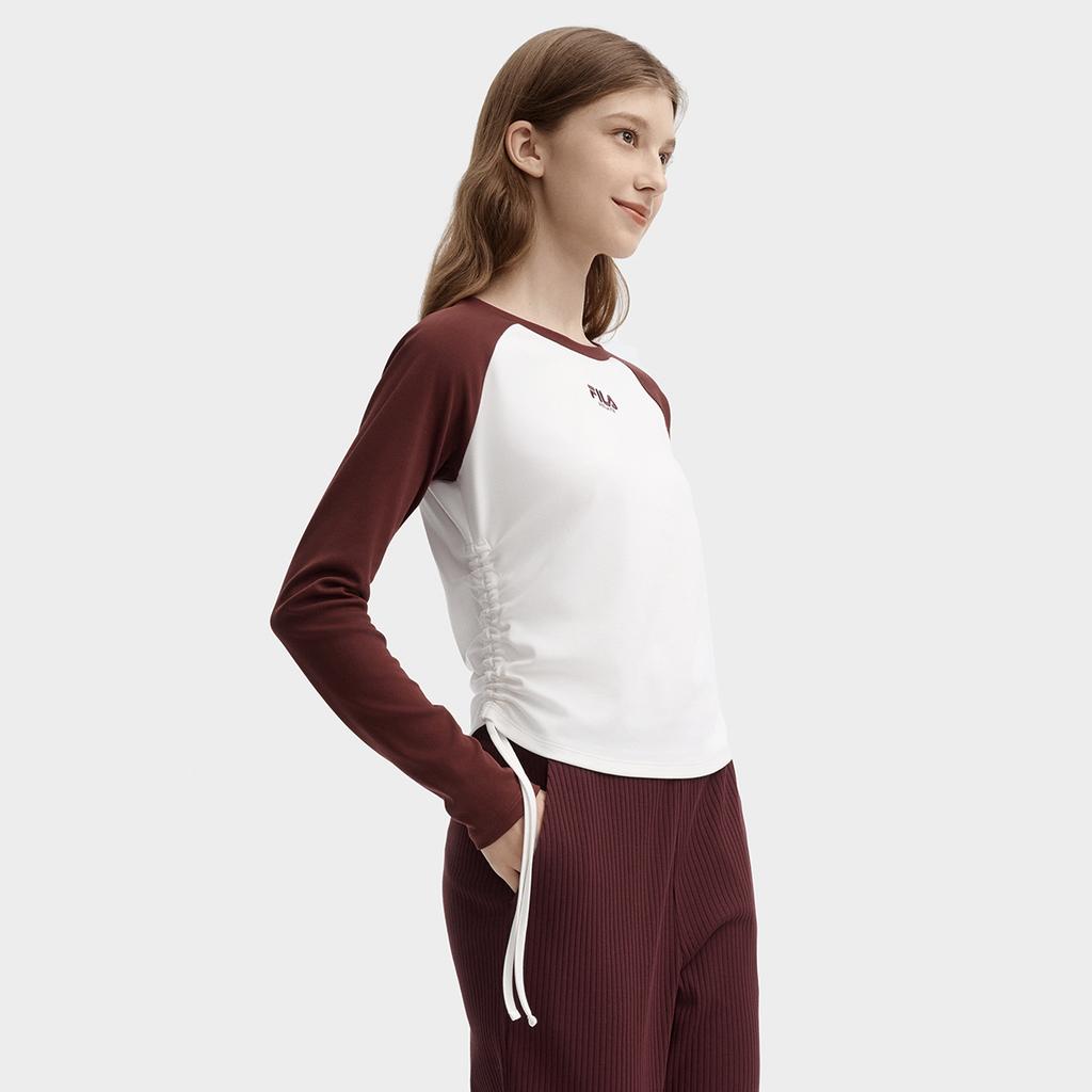 Fila Simple Color Blocked Raglan Fitted Comfortable Versatile Casual Long Sleeve T-Shirt Women Tops Terracotta Brown F11W439205FBN