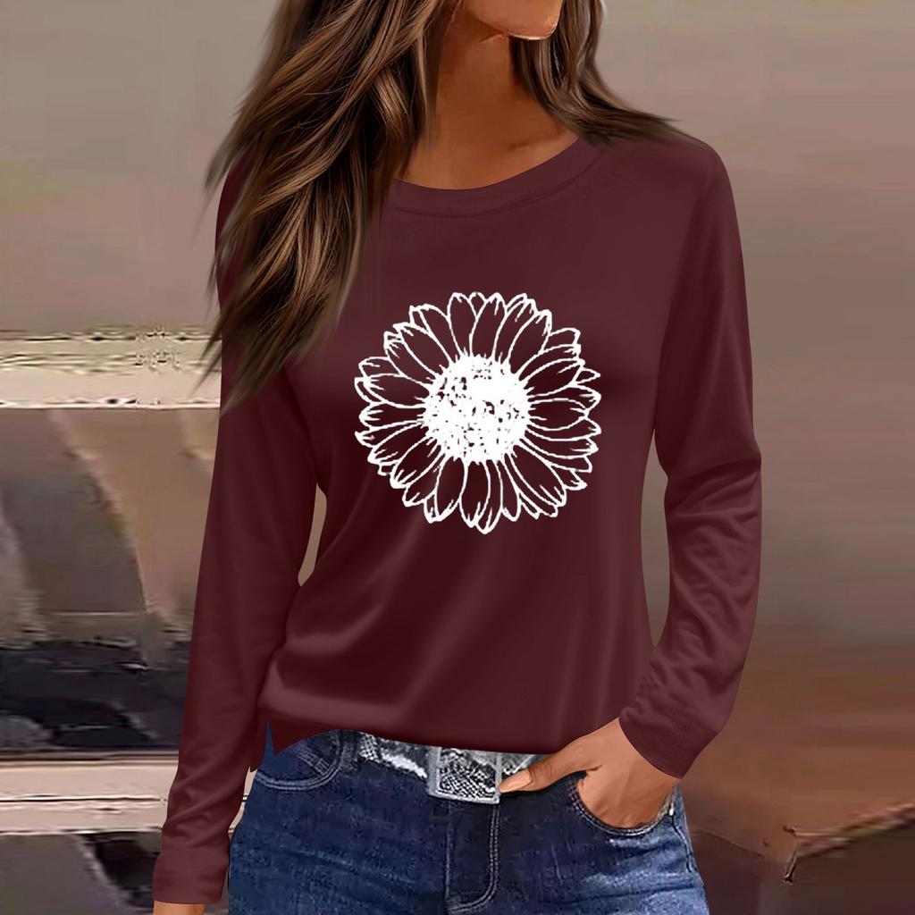Women's Fashion Casual LongSleeve Print Round Neck Pullover Top Blouse
