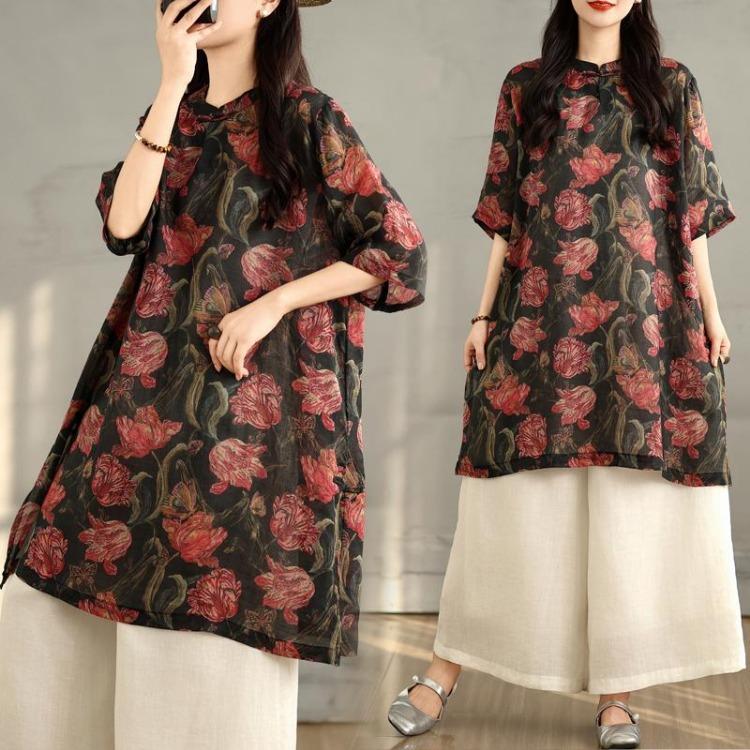 New Summer Linen Tops Women Plus Size Floral Printing Loose Vintage Long Shirts Tees