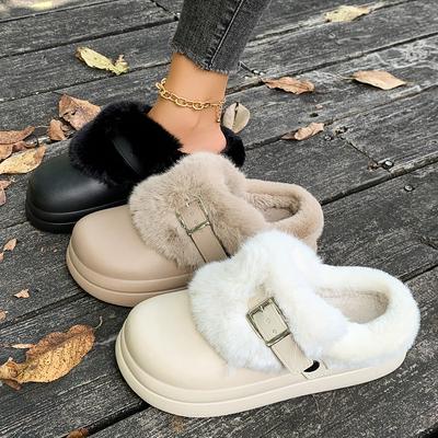 Winter Women Outdoor Platform Warm Slippers Plush Buckle Slippers Flat Fur Comfortable Clogs Soft Design Shoes Slides Women