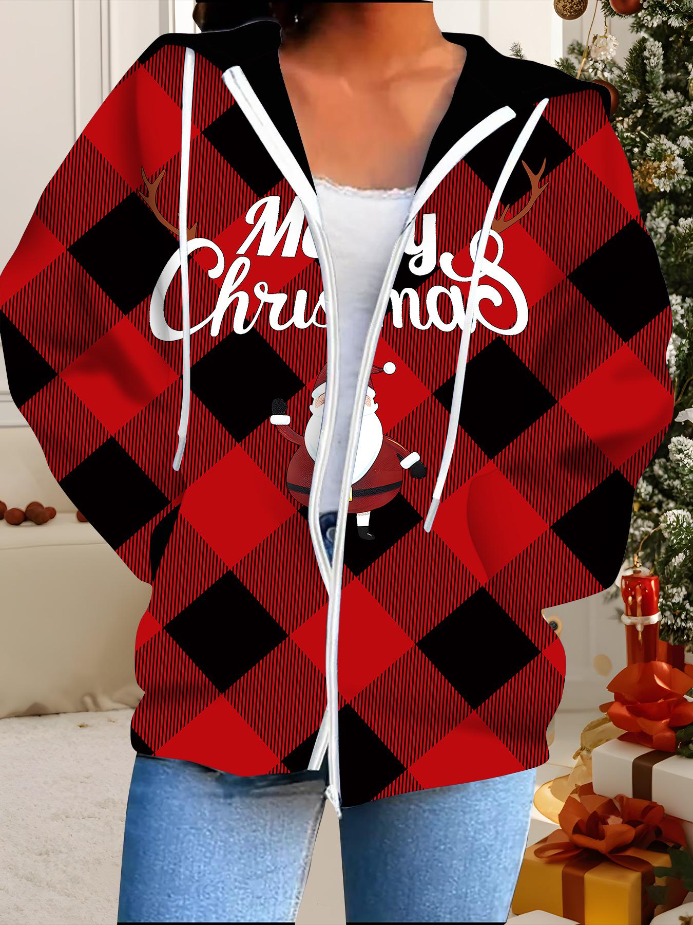 Christmas 3D Printed Hooded Cardigan Plus Size Autumn Winter Retro 1XL