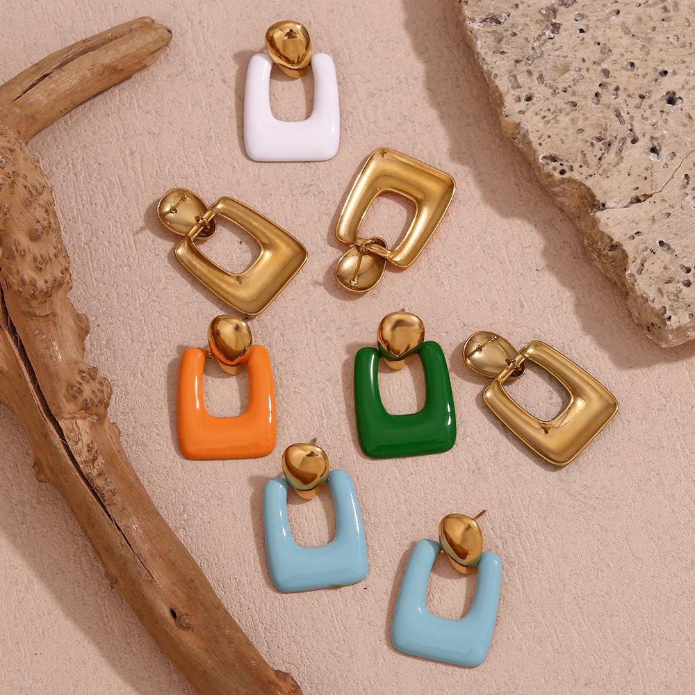 MamacitaSlay Geometric Oval Colored Enamel Rectangle Drop Stainless Steel Earrings 2025 Trend Daily Jewellery Woman Accesories
