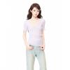 French purple V-neck crochet hollow short-sleeved knitted T-shirt women's summer new slim-fit lace jacquard top
