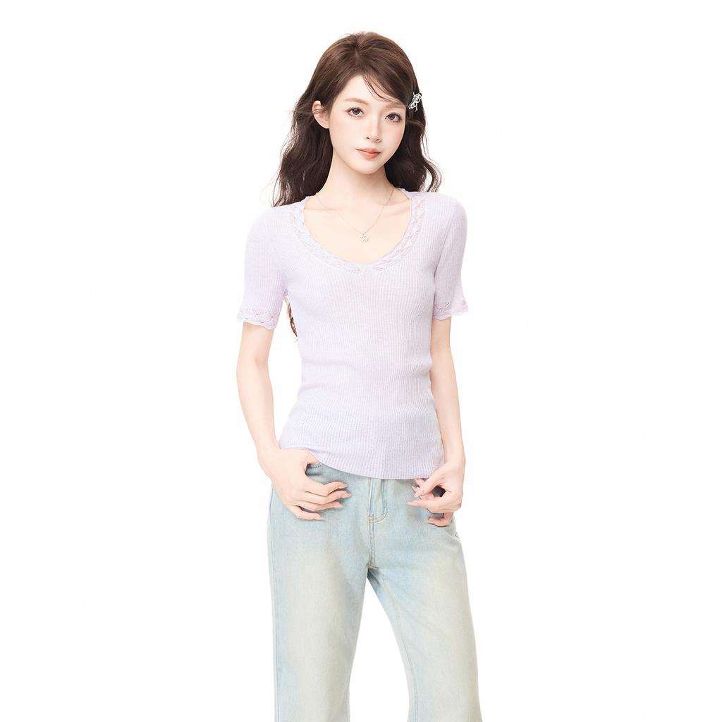 French purple V-neck crochet hollow short-sleeved knitted T-shirt women's summer new slim-fit lace jacquard top