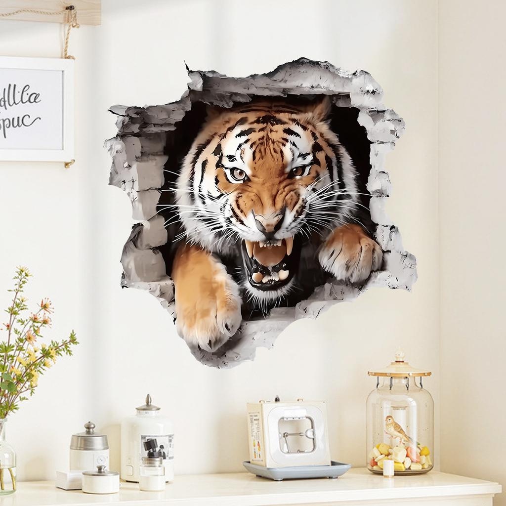 3D Tiger Wall Sticker Self Adhesive for Kids Room Entrance Home Decor Breakthrough Illusion Design