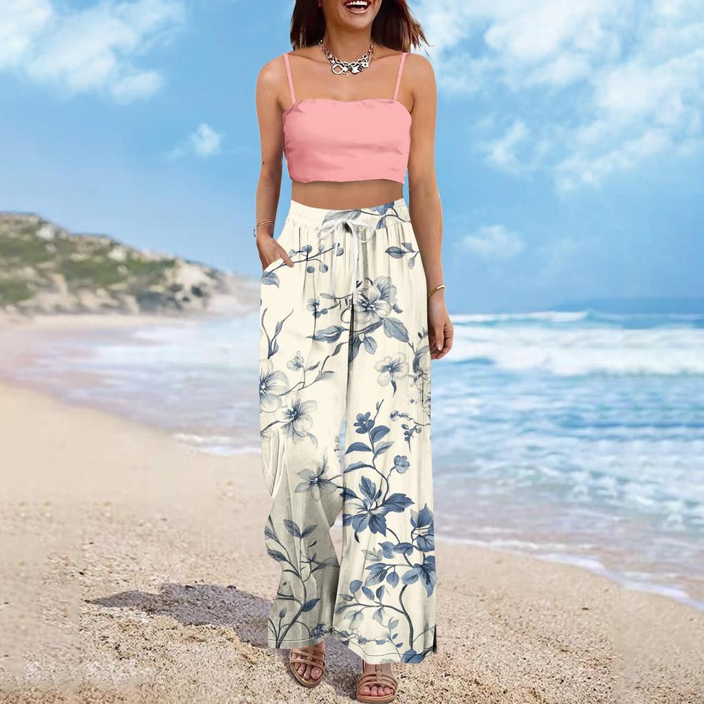 Women's Wide Leg Pants With Elastic Waistband Printing Large Pockets Patchwork Edge, Loose Pants
