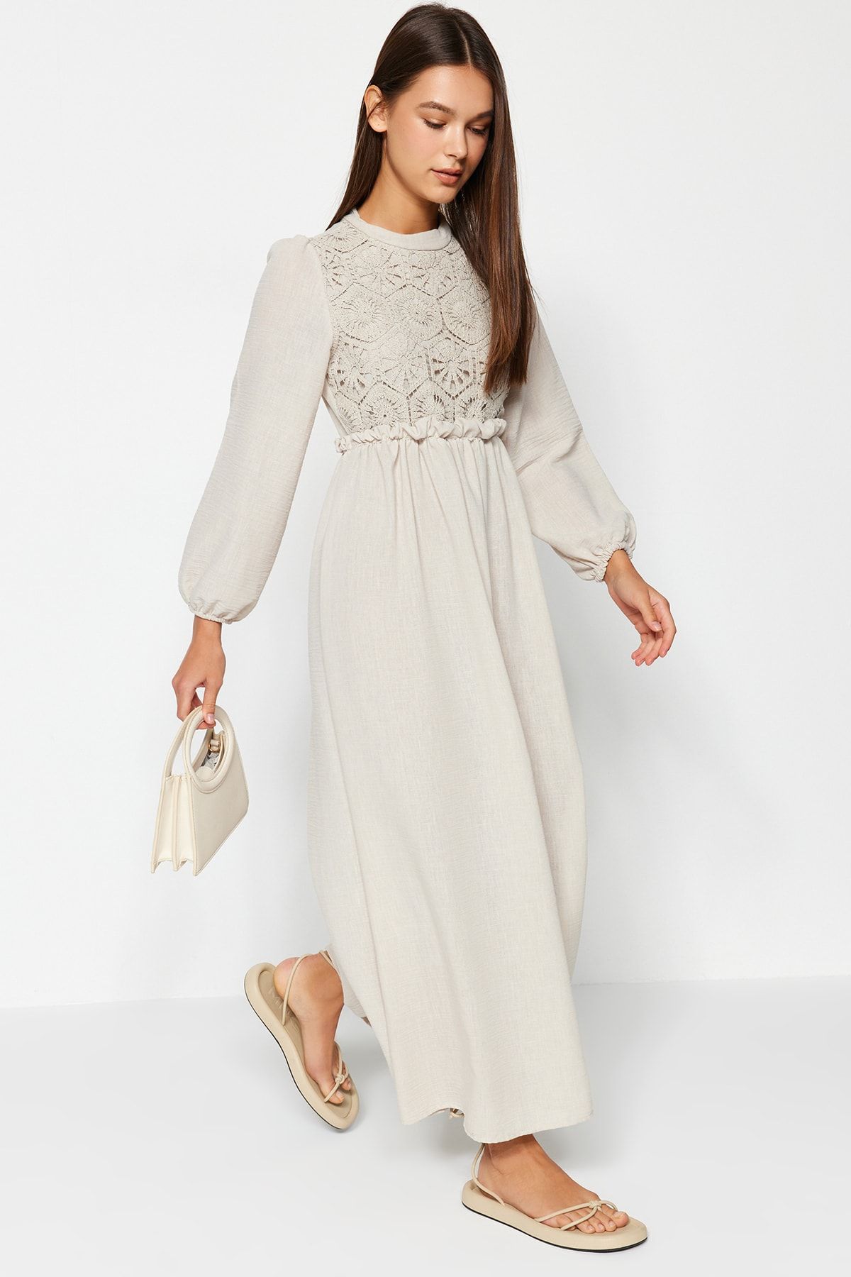 

Women s Style Hijab Dress Ecru Guipure Detailed Woven Dress 2XL