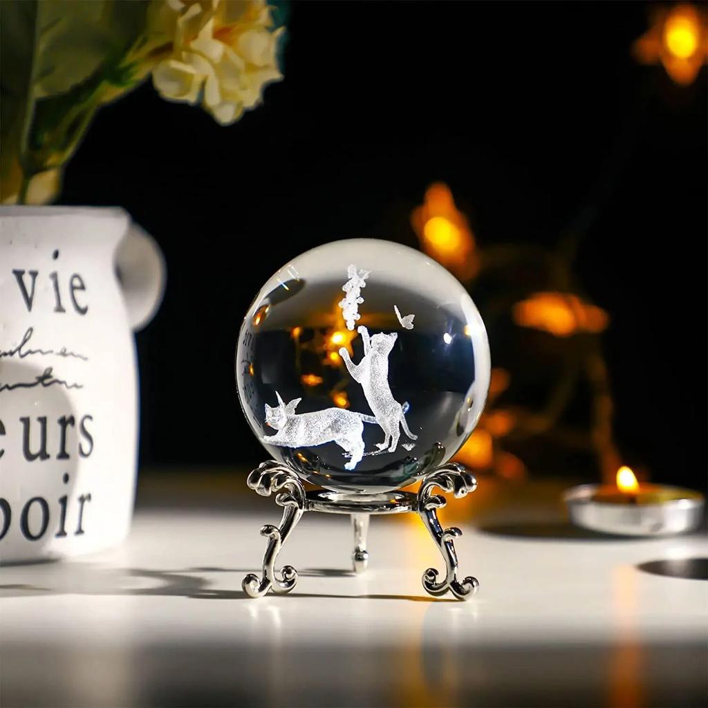 60mm 3D Crystal Ball Laser Engraved Glass Ornaments Animal Figurine Collectibles Paperweight Home Art Decor with Stand