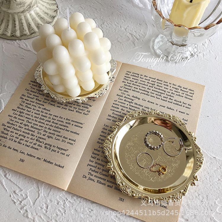 Retro Carved Metal Tray: Aromatherapy Candle Holder or Jewelry Display in Palace Style for Cafe Decor or Photo Props.