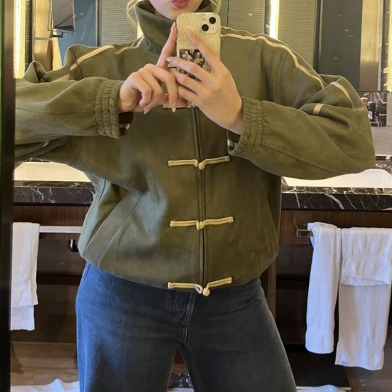 Damska Chińska Kurtka na Guziki Żabki Y2k Vintage Bluza Rozpinana z Zamkiem Stójka Kurtka Bomberka Preppy Streetwear