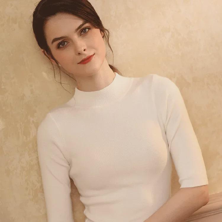 2021 Spring Knitted Half-High Neck Slim Pullover with Five-Point Sleeves
