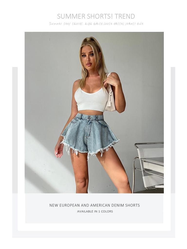 Shorts en jean déchirés taille haute à franges pour femmes style européen et américain 2024