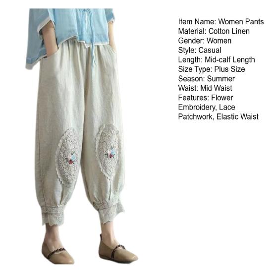 Women Pants Elastic Waist Pocket Lace Patchwork Flower Embroidery Daily Wear Solid Color Plus Size Mid-calf Length Ninth Pants Female Clothes