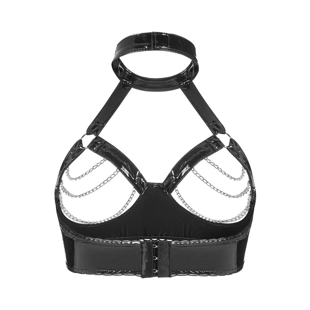 High Brightness PVC Leather Sexy Hanging Neck And Exposed Chest Sexy Bra Without Odor