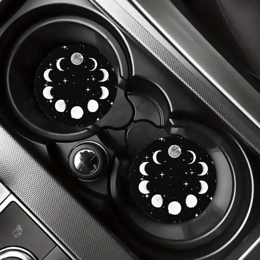 Sky Moon Star Car Coasters, Black And White Round Shape Table Cup Coaster, Non-Slip Washable Coaster, Unique Gift