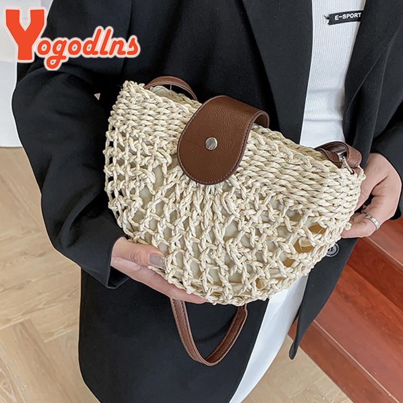 Yogodlns Summer Straw Bag For Women Semicircle Crossbody Bags Rattan Handmade Messenger Handbag Travel Beach Bags Tote