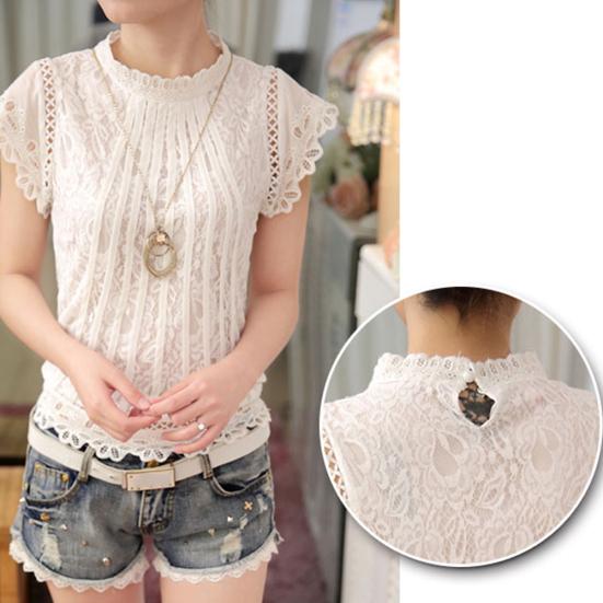 Plus Size Women Fashion Lace Crochet Short Sleeve Round Neck Blouse Shirt Top