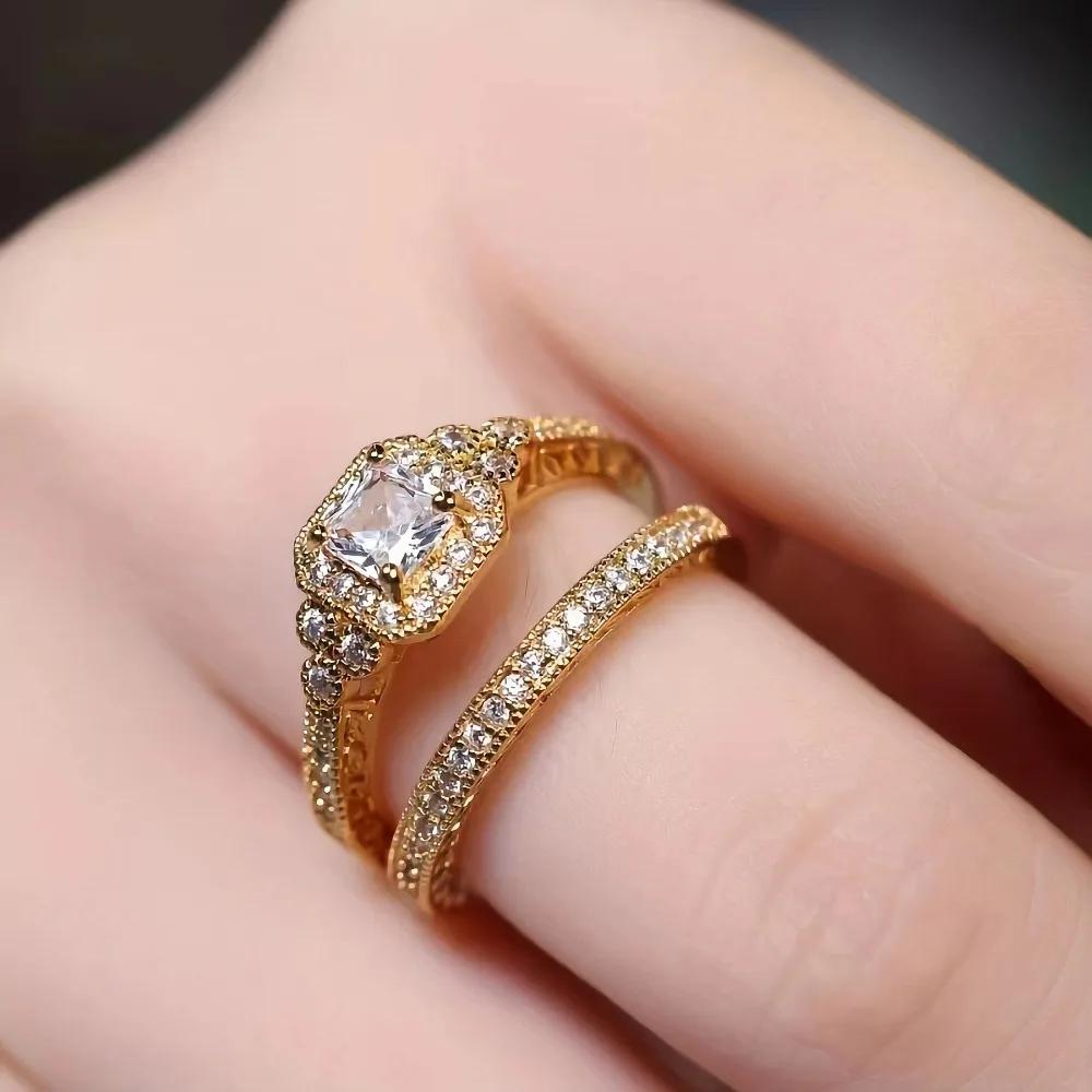 

Zirconia Engagement Rings for Men & Women, Dark Color Wedding Band Pair, Classic Synthetic Jewelry Set 7 золотой