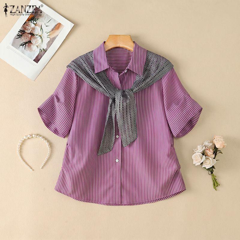 ZANZEA Blusa Casual de Mujer con Cuello Vuelto, Manga Corta Suelta a Rayas