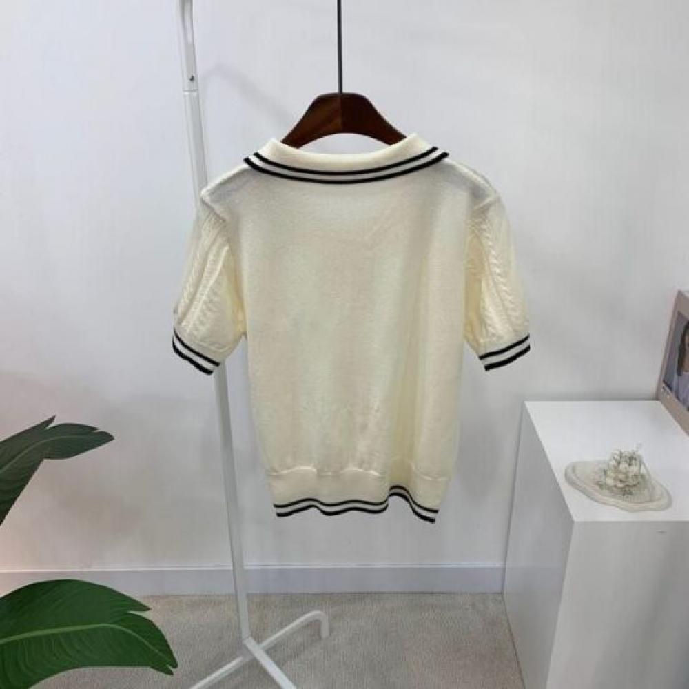 C S In The Room Napa Cable Knit Stripe Collar neCk Short Sleeve Knitwear 3Color
