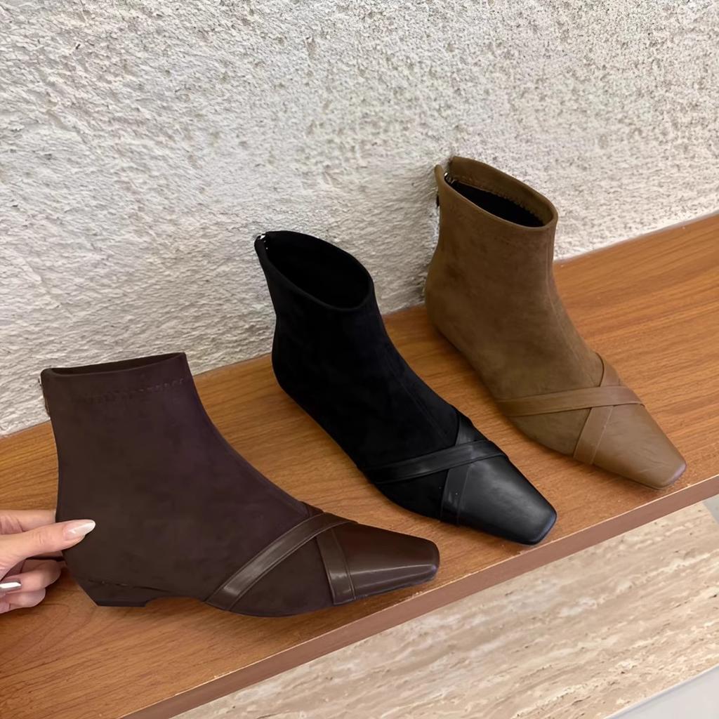 Korean version of square head suede splicing fashion boots for women 2025 autumn and winter new temperament thin boots rear zipper short boots for w