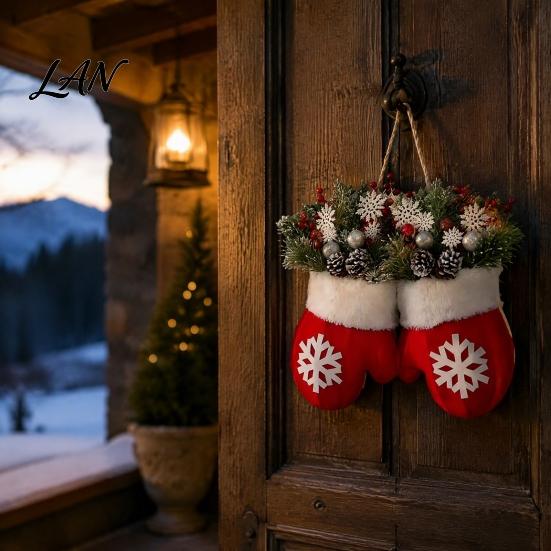 Holiday Front Door Decor Christmas Mitten/Stocking Wreath, Decorative Artificial Wreath with Berries Pine Cones, Cone Berry Branches, Hanging