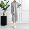 2025 Autumn Women's European & American Knit Sweater Dress with Elastic Lantern Sleeves and Hood