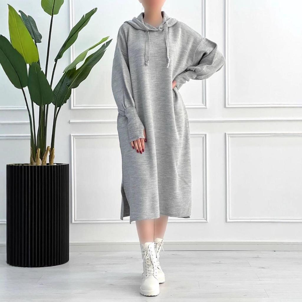 2025 Autumn Women's European & American Knit Sweater Dress with Elastic Lantern Sleeves and Hood