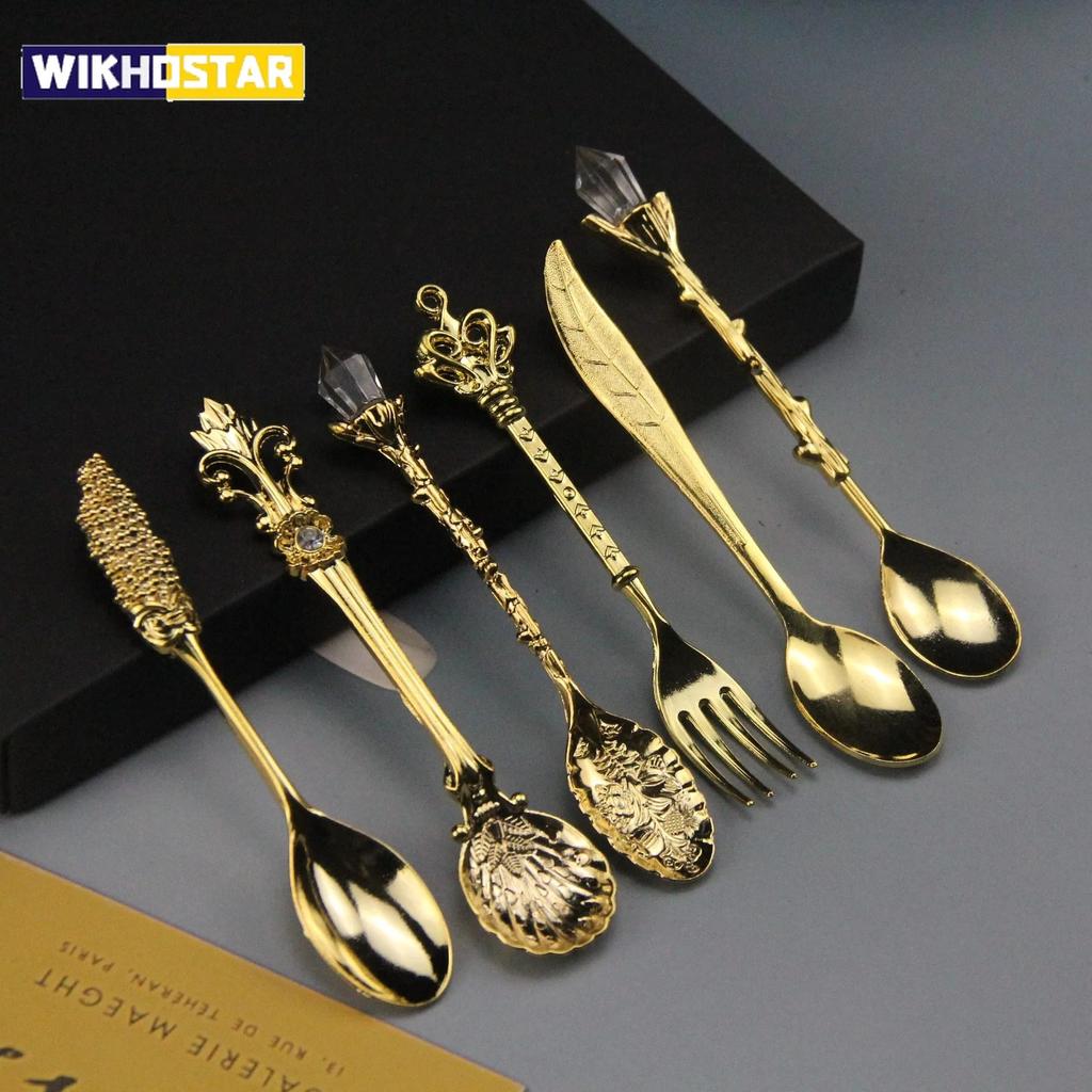 6PCS/Set Vintage Court Coffee Spoon Ice Cream Spoon Jam Spoon Dessert Spoon Crystal Head Tableware Set Gift Crafts