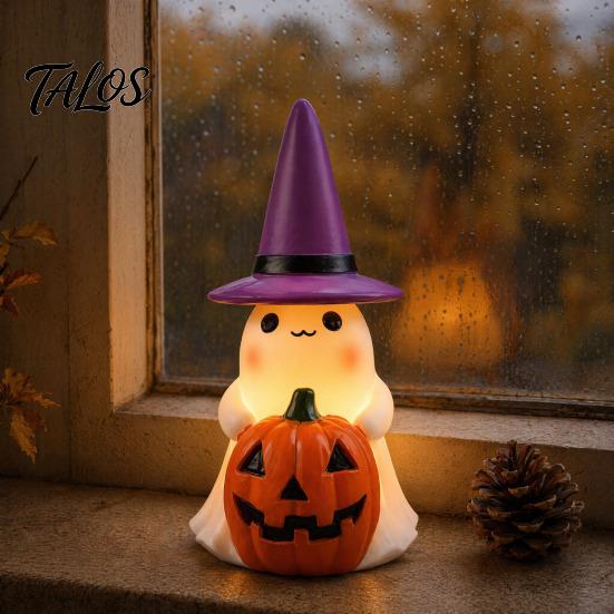 Ambient Autumn Night Lamp Ghost Light, Resin Figurine with Witch Hat Glowing Pumpkin Bucket, Warm Home Table Centerpiece LED Amber Lamp, Farmhouse