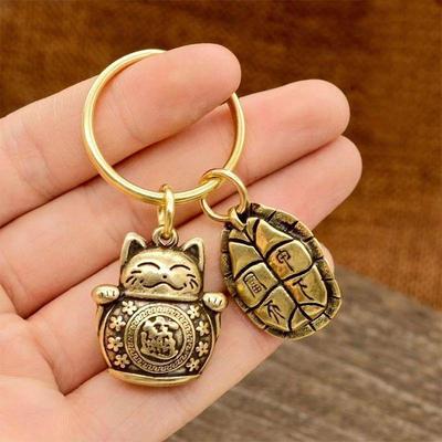 Zodiac Horse Five Emperors Money Pendant Lucky Cat Keychain Chinese Feng Shui Coins Key Ring Bring Wealth Fortune