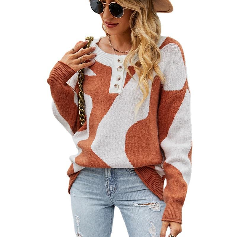 Color Block Jacquard Sweater Winter New Button Chest Pullover Sweater for Women