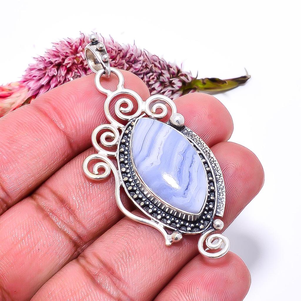 Blue Lace Agate - Namibia 925 Sterling Silver Pendant V9096, Blue Pendant, Marquish Pendant, Valentin's Day Gift, Gift For Her, Birthday Gift, Handmad