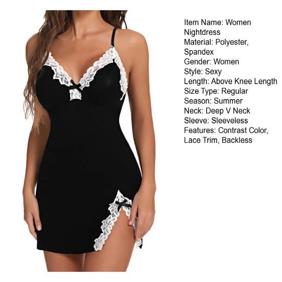 Lady Summer Nightdress Backless Deep V Neck Sleeveless Sleepwear Lace Trim Split Hem Spaghetti Strap Nightie Bedroom Honeymoon Wedding Night Dress