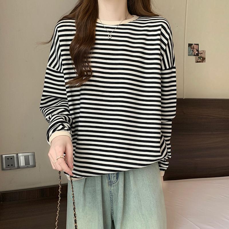 Polyester Fiber 100% 250g Striped Sweater Thin Autumn New Loose Crew Neck T Casual
